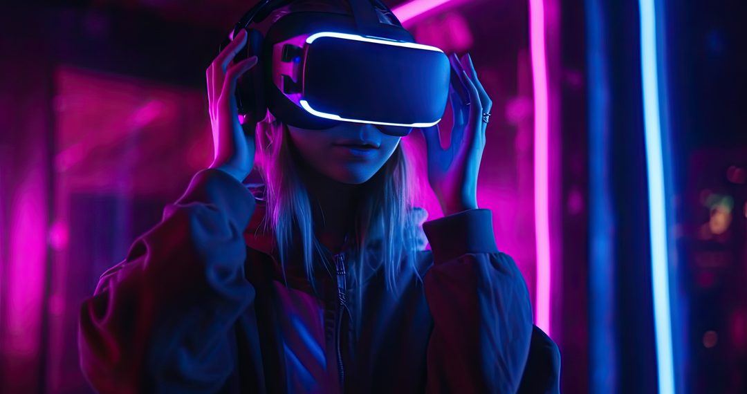 Woman is using virtual reality headset. Neon light studio portrait. Concept of virtual reality technology.