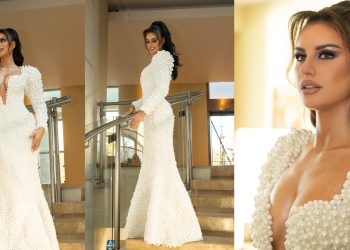 El vestido de perlas que lució Emilia Dides fue confeccionado en Falabella