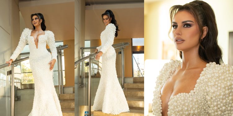 El vestido de perlas que lució Emilia Dides fue confeccionado en Falabella