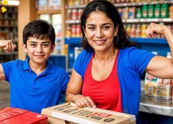 mujer luchadora emprendedora con su hijo