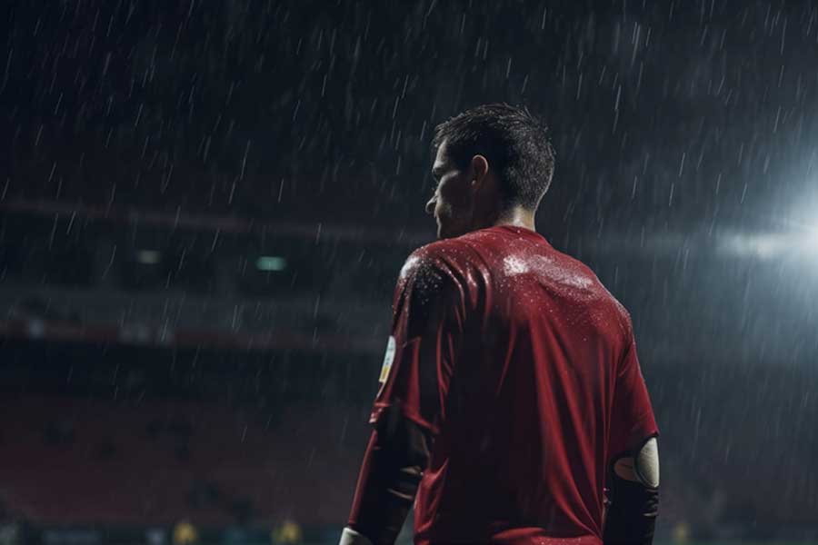 Jugador de fútbol bajo la lluvia
