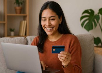 Mujer comprando online en Cyber Wow con laptop
