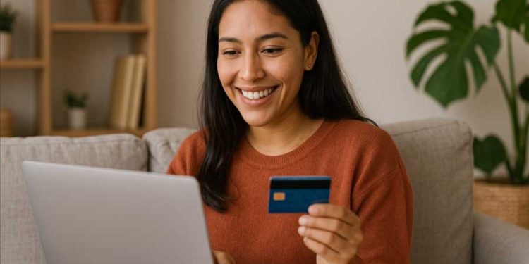 Mujer comprando online en Cyber Wow con laptop