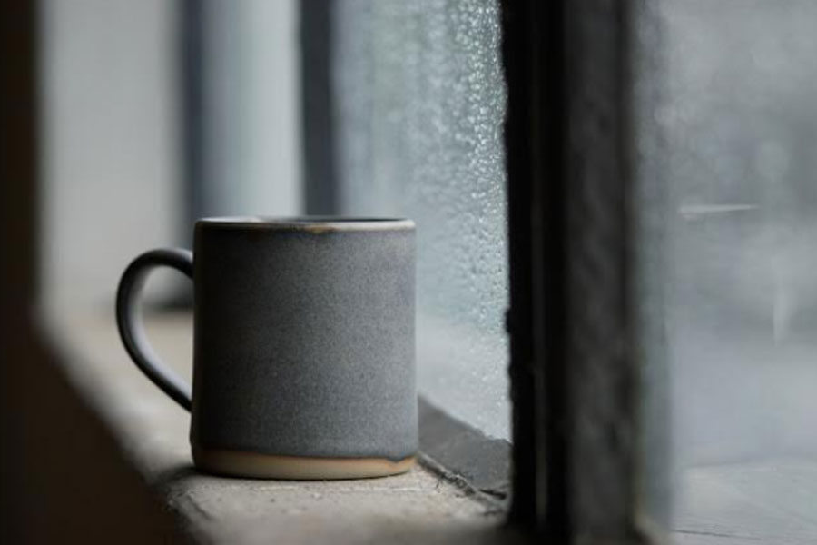 Taza apoyada cerca de una ventana Stanley